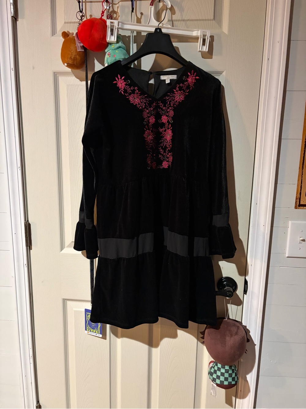 Chelsea & Violet Black Velvet Dress with Pink Floral Embroidery